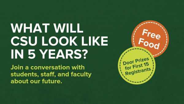 Event banner for CSU strategic plan forum. Includes text: What will CSU look like in 5 years? Join a conversation with students, staff, and faculty about our future. Free food. Door prizes for first 15 registrants.