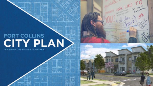 Event banner for Fort Collins City Plan forum. Includes man writing on white board and mock up of city street with town homes.